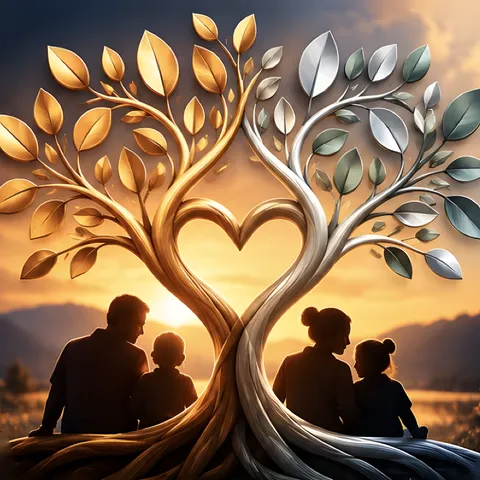 Gold and silver trees whose branches form a heart over a family sitting together at sunset